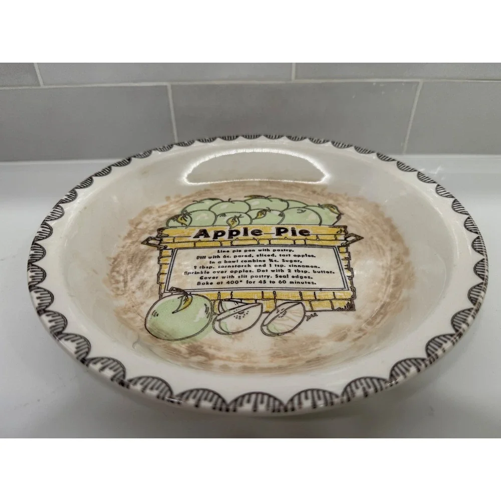 Vintage Ceramic Apple Pie Dish Recipe 10 Inch White Green Farmhouse Baking Pan